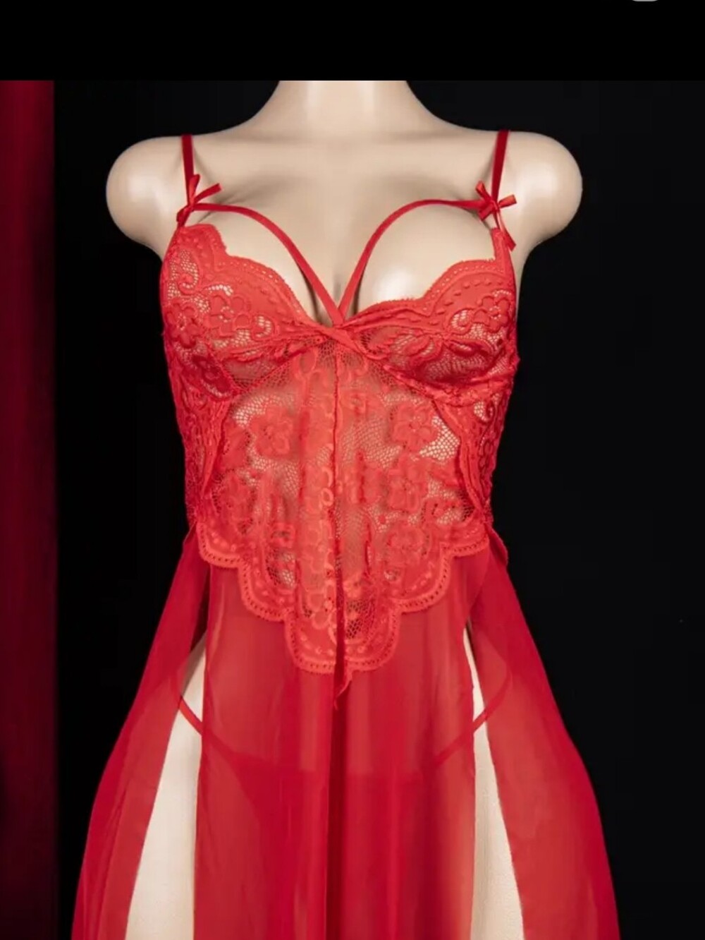 Red Lace Sheer Babydoll Chemise with Strappy Detail - Unbranded